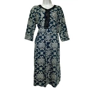 buykud blue floral long sleeve lagenlook kurta drawstring waist pockets dress M
